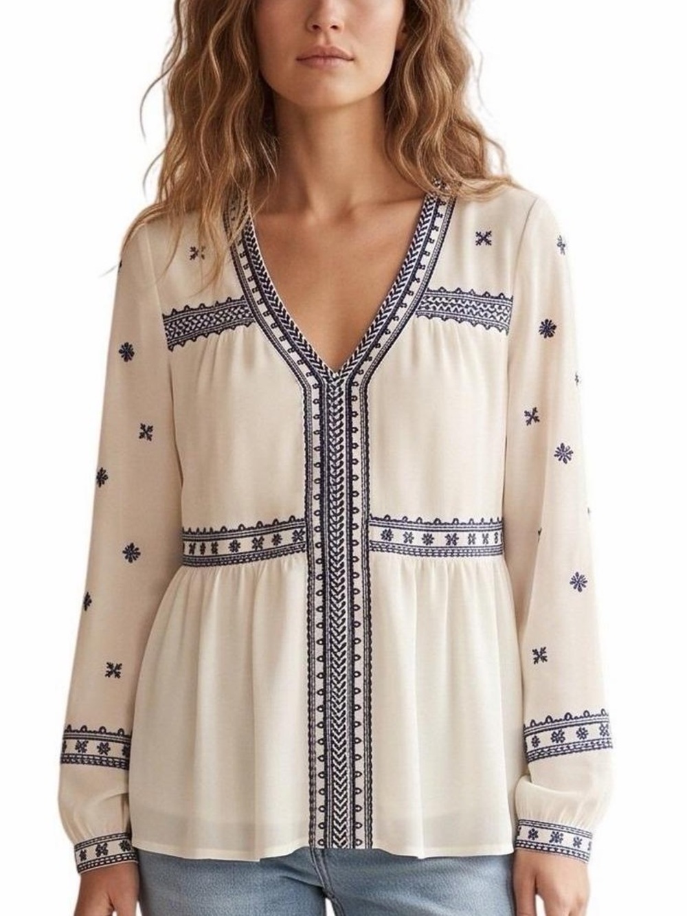 Maette Women’s Cream and Navy Embroidered Peasant Blouse